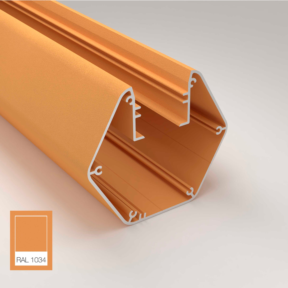 A Precoated LED Hexagon Light Channel ~ Model Paco in orange with interior grooves is displayed on a neutral background. A color swatch labeled RAL 1034 appears in the bottom left corner.