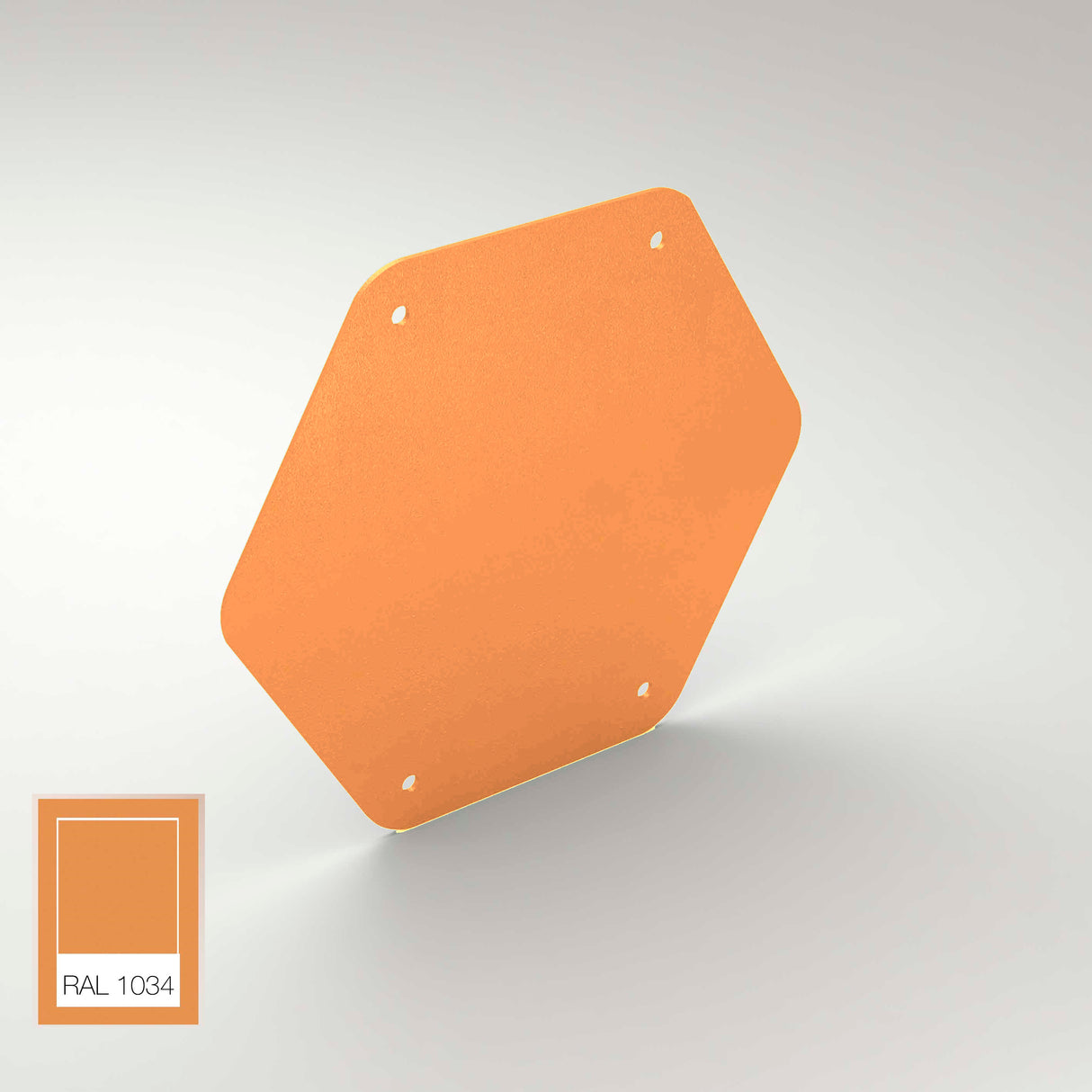A flat, hexagonal orange aluminum End Cap for Paco Profile with four corner holes rests on a light gray background. Bottom left: a RAL 1034 color swatch, matching the end cap’s vibrant orange hue for Paco Profile systems.