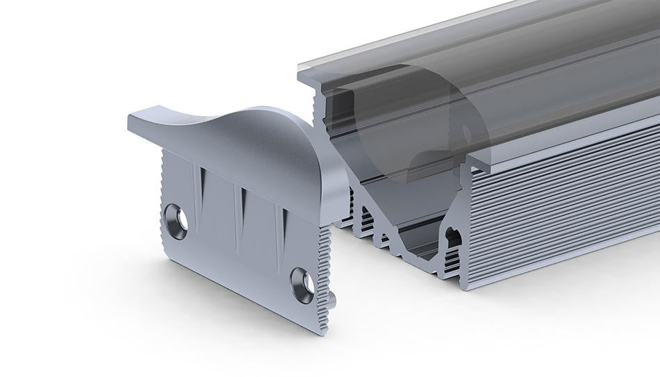 3D rendering of Aluminum end caps for Alu-Asymmetric LED profile, featuring detachable end caps, visible internal grooves, and a partially removed transparent cover to reveal the profile’s inner structure.