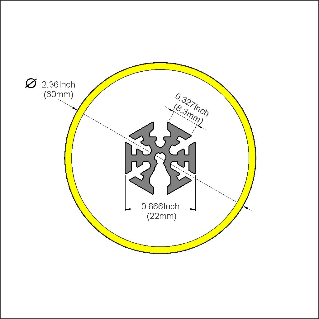 Technical drawing of Diffuser for 360 Degree Suspended LED Channel - Alu360: yellow-outlined 2.36 (60mm) circle, gray cross-shaped profile, ideal for dot-free 360° LED setups. Includes measurements: 0.327 (8.3mm) and 0.866 (22mm).