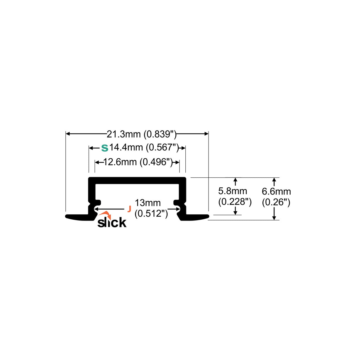 6.6mm tall - 21.3mm wide aluminum channel