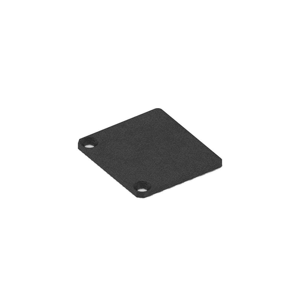 A black, square, flat aluminum Low End Cap for Flo Profile with two holes in adjacent corners is shown on a white background.
