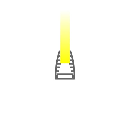 A simple illustration shows a yellow light beam passing vertically through the center of a gray bullet, resembling the illumination from the 1/4 LED Edge-lit Acrylic Sign Base Channel ~ Model Mikro10, on a plain white background.