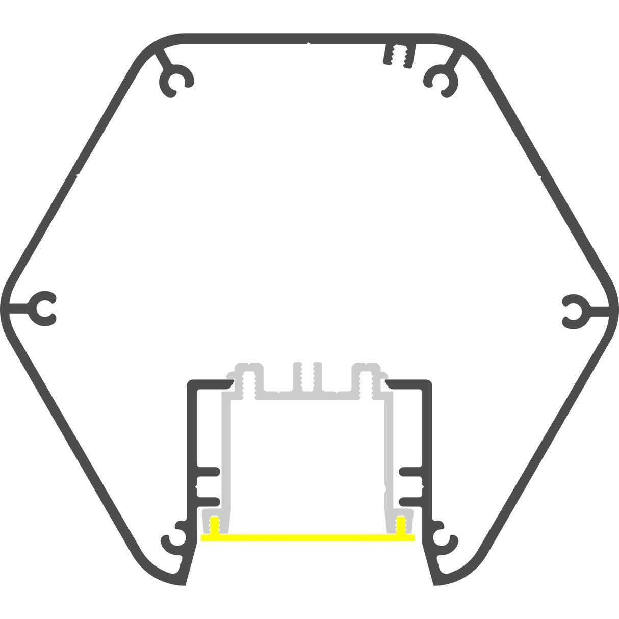 A technical line drawing of a hexagonal frame showcases the Precoated LED Hexagon Light Channel ~ Model Paco, featuring a rectangular structure attached inside at the bottom center with its lower edge, ideal for architectural lighting, highlighted in yellow.