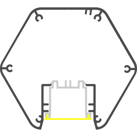 A technical line drawing of a hexagonal frame showcases the Precoated LED Hexagon Light Channel ~ Model Paco, featuring a rectangular structure attached inside at the bottom center with its lower edge, ideal for architectural lighting, highlighted in yellow.