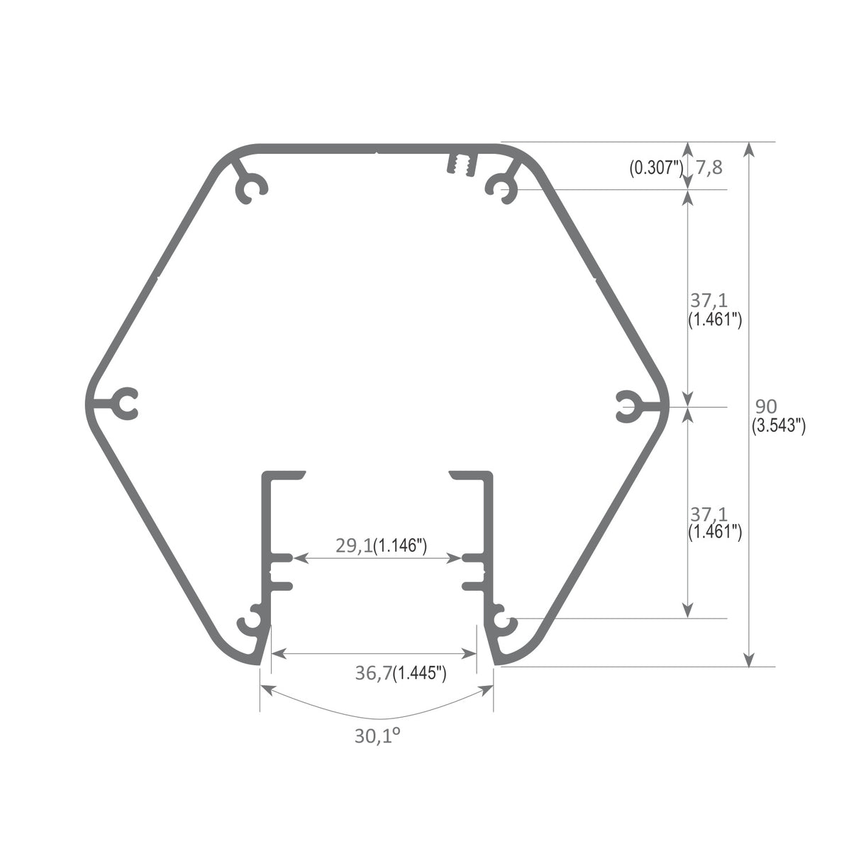 Technical drawing of the Precoated LED Hexagon Light Channel ~ Model Paco frame, with multiple internal grooves and hooks, showing dimensions: 90 mm height, 37.1 mm segments, plus labeled lengths and angles for architectural lighting use.
