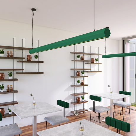 Modern cafe with white marble tables, green cushioned chairs, and striking Precoated LED Hexagon Light Channel ~ Model Paco fixtures. Wooden shelves hold potted plants and copper vases. Large windows and architectural lighting brighten the space.