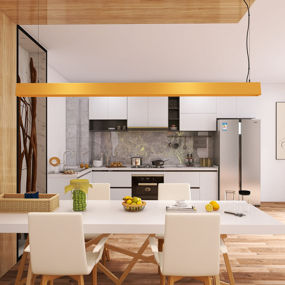 Modern kitchen and dining area with a white table, four cream chairs, basket, vase with mint and lemons, and the Designer Pendant Light Channel ~ Model Carmen. The kitchen has gray cabinets, fridge, and wooden flooring.