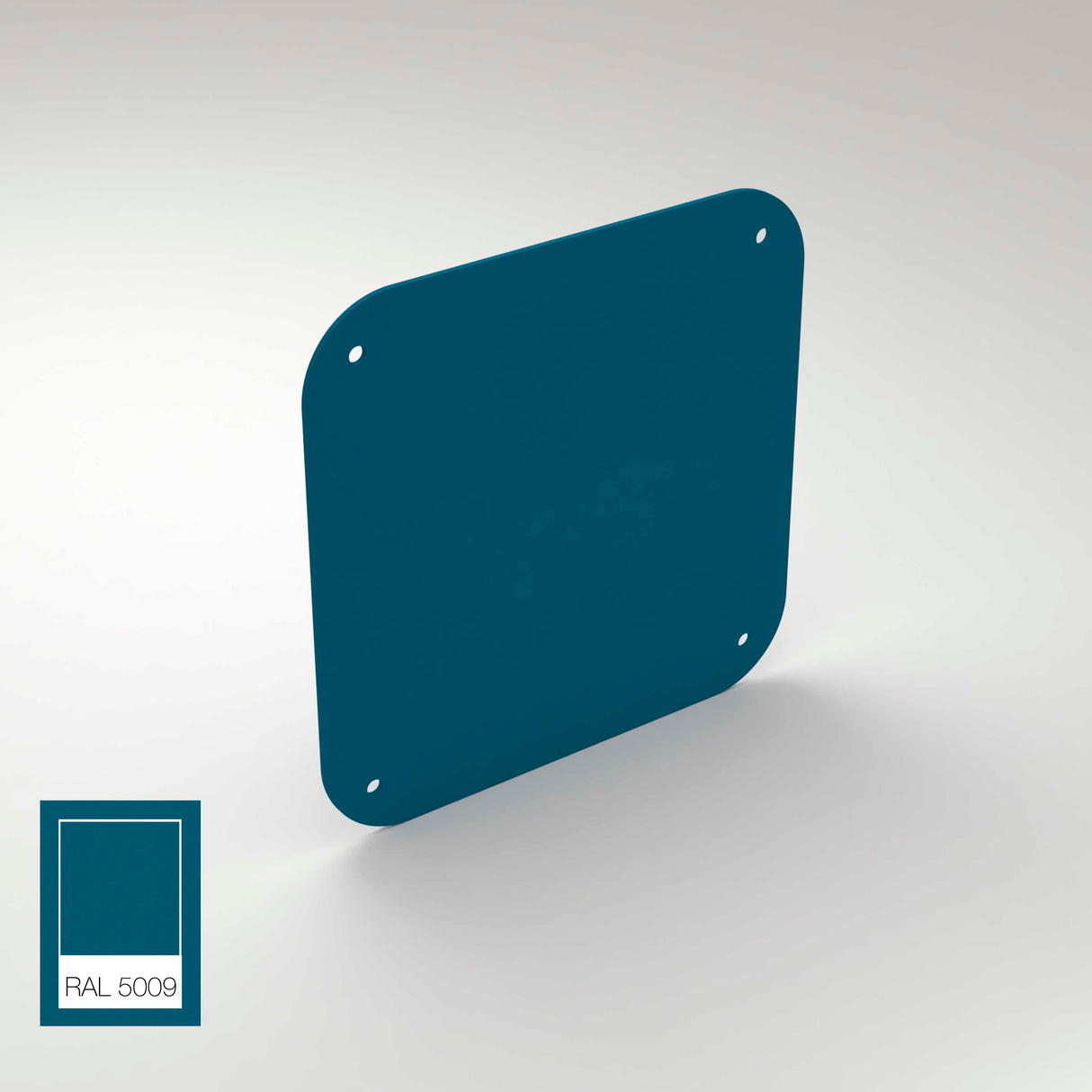 A square, teal aluminum End Cap for Antonio Profile with rounded corners and a hole in each corner is shown on a light background. A RAL 5009 color swatch appears in the lower left, indicating the product’s shade.