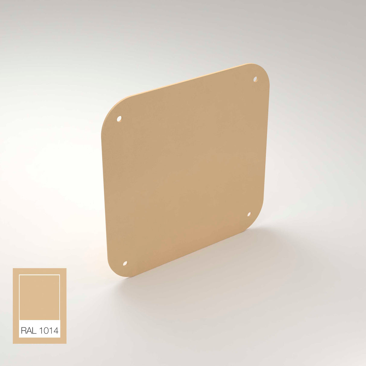 A square aluminum End Cap for Antonio Profile with rounded corners and four holes is shown upright on a light surface. The pale beige color matches RAL 1014, displayed in a swatch at the bottom left.