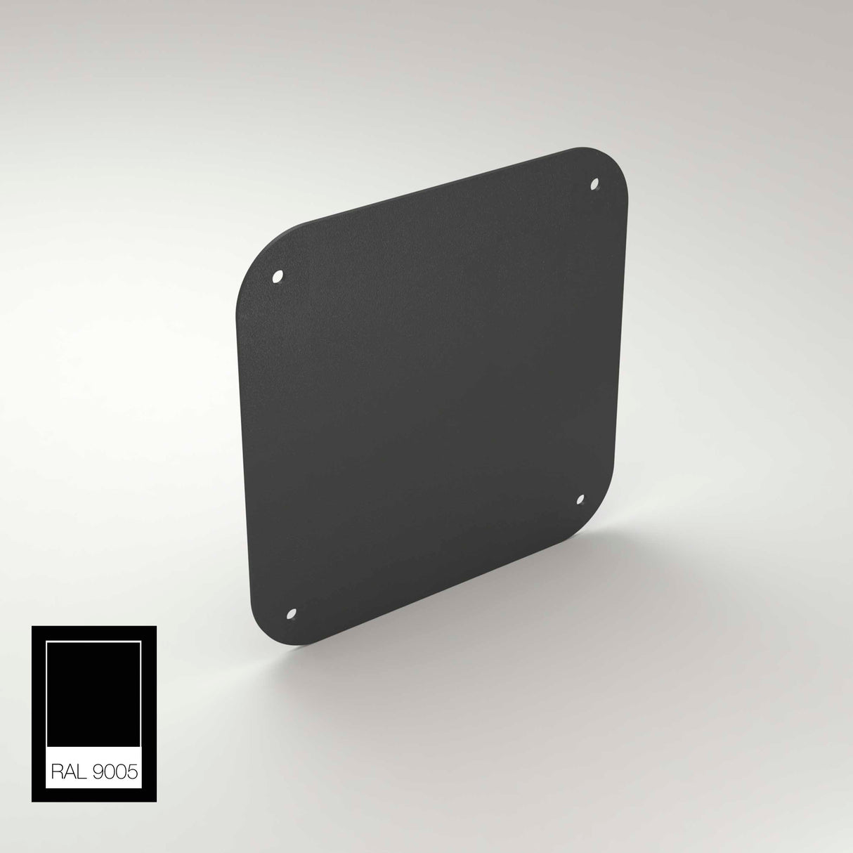 A square black aluminum End Cap for Antonio Profile with rounded corners and four screw holes stands upright against a neutral background. A RAL 9005 color swatch appears in the bottom left corner.