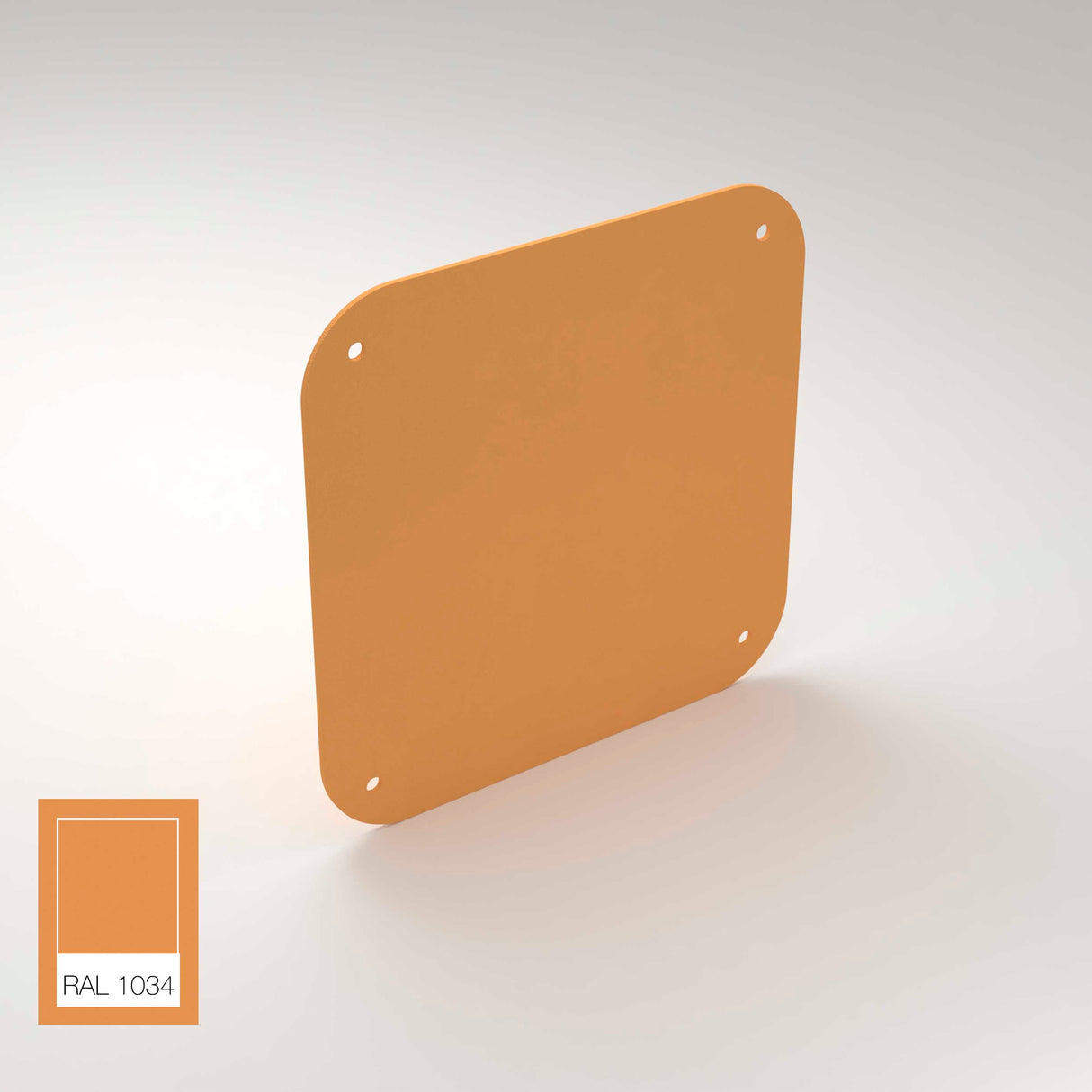 The End Cap for Antonio Profile is a square aluminum plate with rounded corners and four screw holes, painted orange (RAL 1034). A RAL 1034 color swatch is shown at the bottom left.