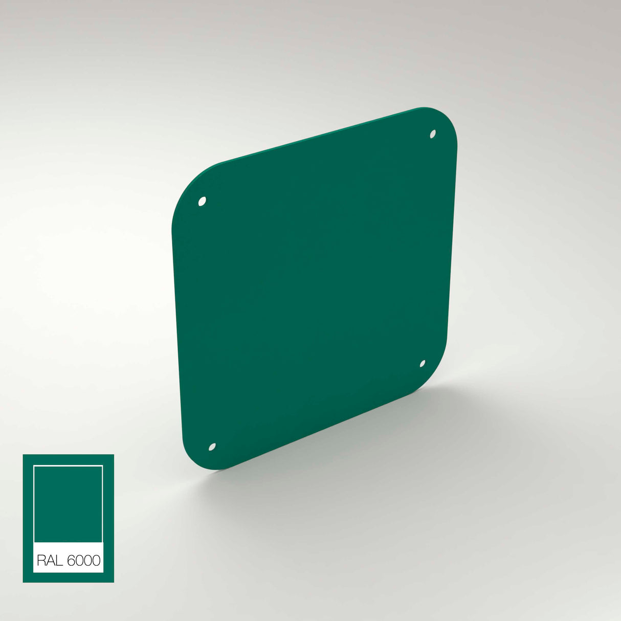 A square green aluminum End Cap for Antonio Profile, with rounded corners and holes at each corner, is shown. A color swatch labeled RAL 6000 in the bottom left matches the plate’s shade.