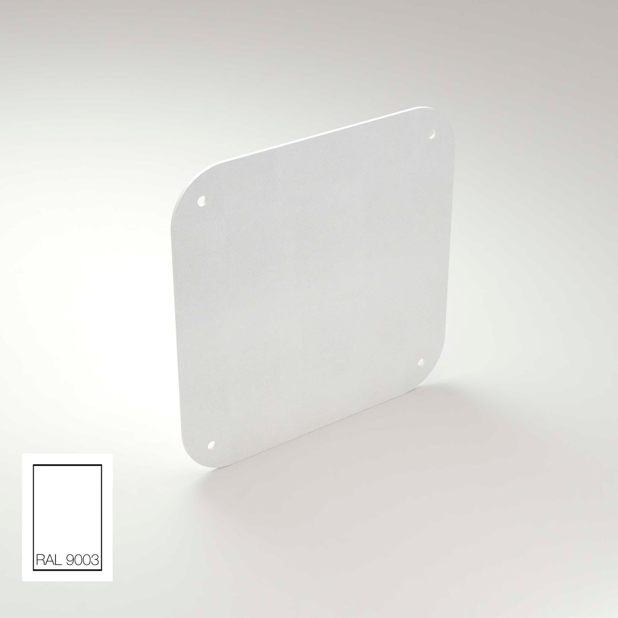 A square white aluminum End Cap for Antonio Profile with rounded corners and a hole in each corner stands upright. The signal white color (RAL 9003) is shown in a small box at the bottom left—ideal for Antonio Profile.