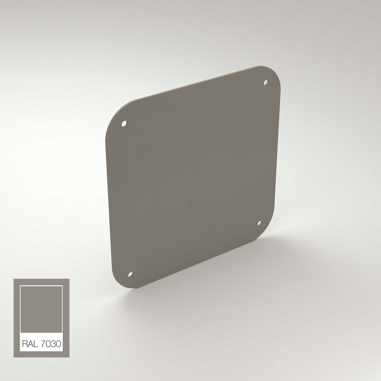 The End Cap for Antonio Profile is a square aluminum plate with rounded corners and four corner holes. Finished in gray RAL 7030 (see color swatch, bottom left), it’s designed for use with Antonio Profile systems.