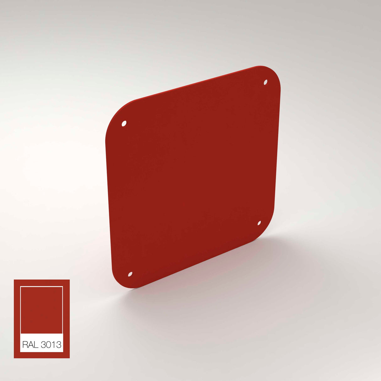 The End Cap for Antonio Profile is a square aluminum plate painted vibrant red (RAL 3013) with rounded corners and a hole in each corner, designed as an end cap. A RAL 3013 swatch in the bottom left matches its bold shade.