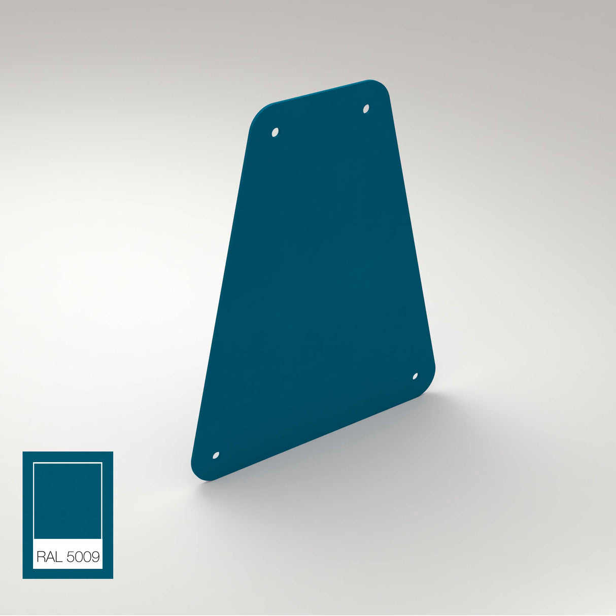 A flat, irregular quadrilateral End Cap for Carmen Profile with four corner holes, made of aluminum and finished in dark blue RAL 5009, is shown on a light gradient background.