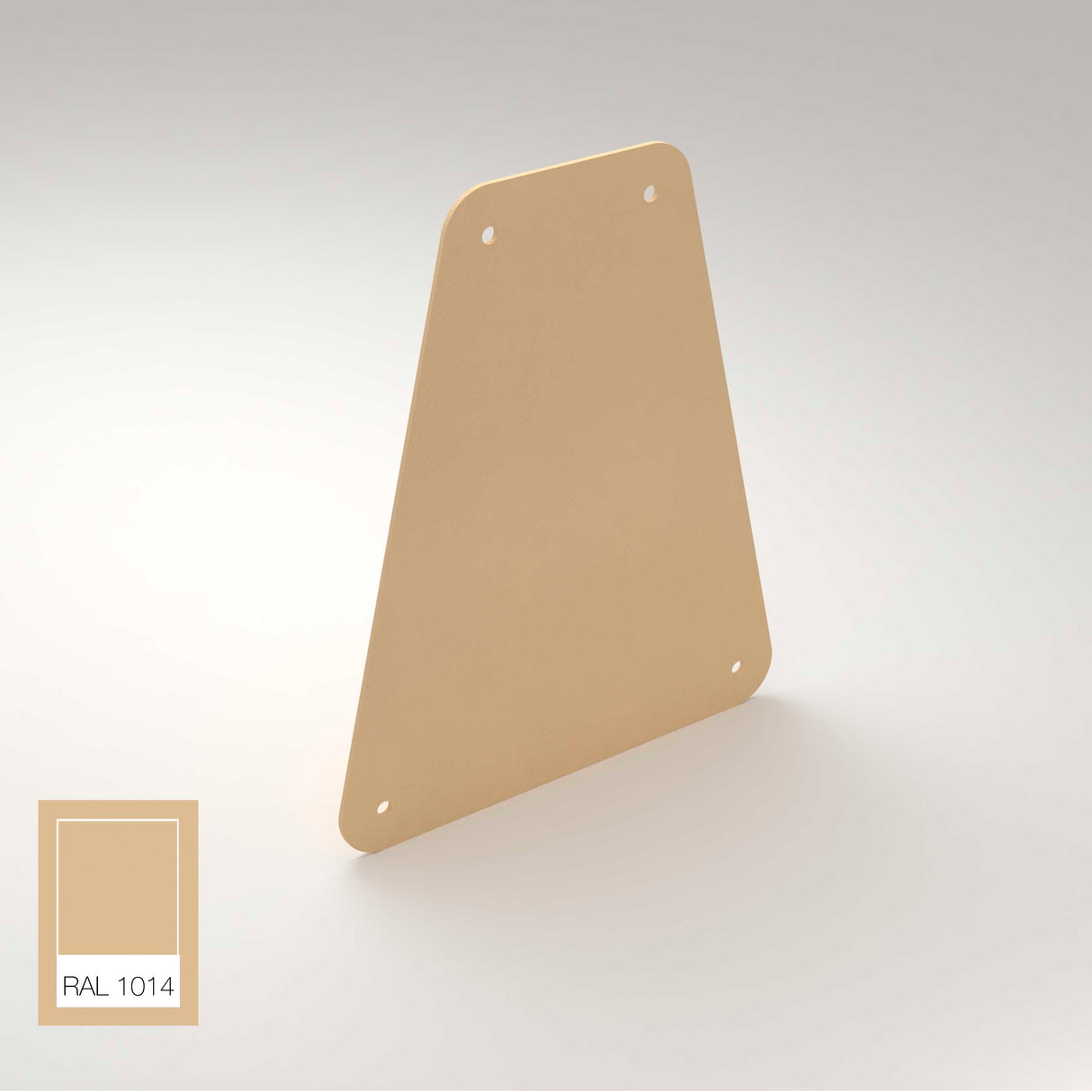 A flat, tan-colored End Cap for Carmen Profile, with four corner holes, stands upright on a light surface. An inset shows a color sample labeled RAL 1014.