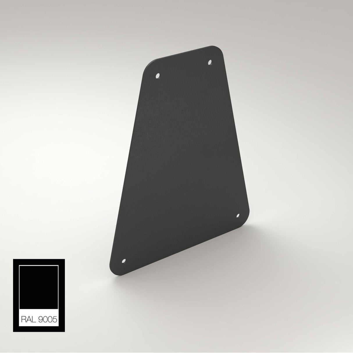 The End Cap for Carmen Profile is a black, trapezoidal aluminum piece with four corner holes, shown upright on a light background. A RAL 9005 color sample appears in the lower left. Perfect for finishing your Carmen Profile installations.