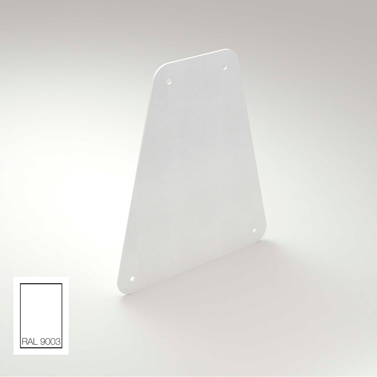 A white, trapezoidal aluminum End Cap for Carmen Profile with four corner holes stands upright on a light background. The RAL 9003 color swatch in the bottom left highlights its color for Carmen Profile installations.