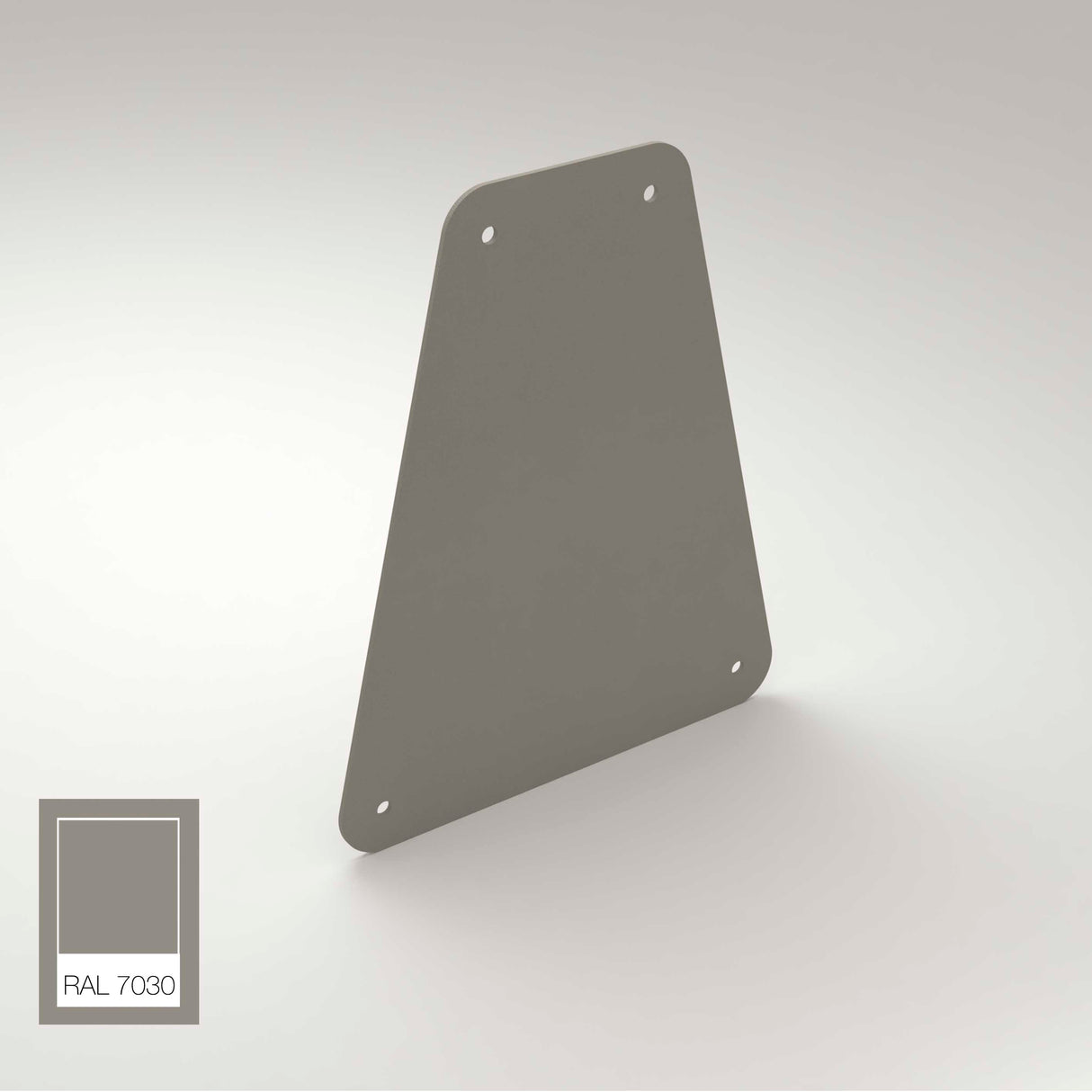 The End Cap for Carmen Profile, made of grey aluminum in a flat trapezoidal shape with holes in each corner, stands upright on a light surface. A RAL 7030 color swatch in the bottom left shows the matching grey shade.