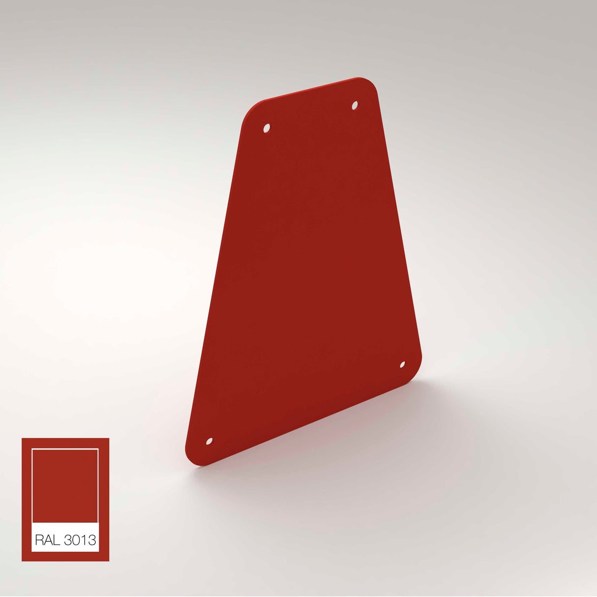 A red, irregular quadrilateral End Cap for Carmen Profile with four corner holes stands upright on a light surface. A color swatch labeled RAL 3013 is visible in the lower left corner.