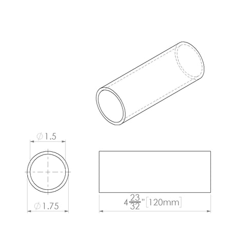Isometric, side, and end views with measurements of the Clear Straight Joint for 1.50 Round Profiles—a hollow cylinder ideal for connecting LED profiles, featuring a 1.75 outer diameter, 1.5 inner diameter, and 4-23/32 (120 mm) length.