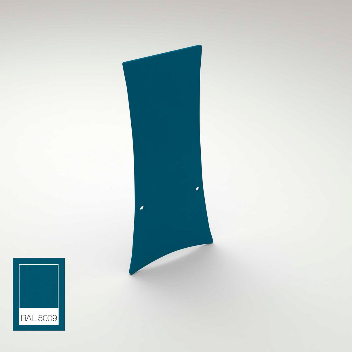 A curved rectangular teal aluminum End Cap for Lola Profile stands upright on a light background, featuring two central holes. A RAL 5009 color swatch appears in the bottom left corner.