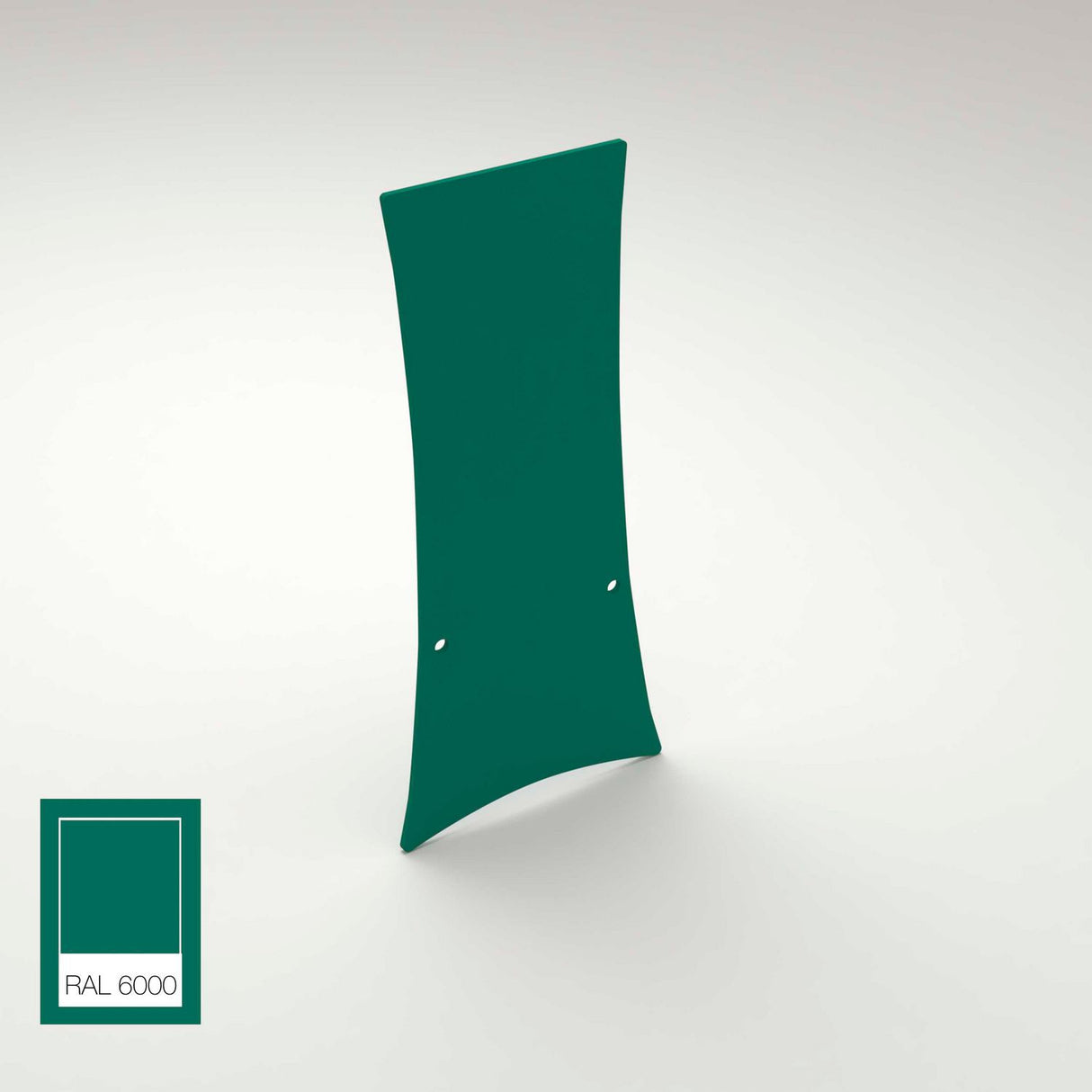 A curved, rectangular green End Cap for Lola Profile with two small center holes stands upright against a white background. A RAL 6000 color swatch in the corner highlights its distinctive shade of green.