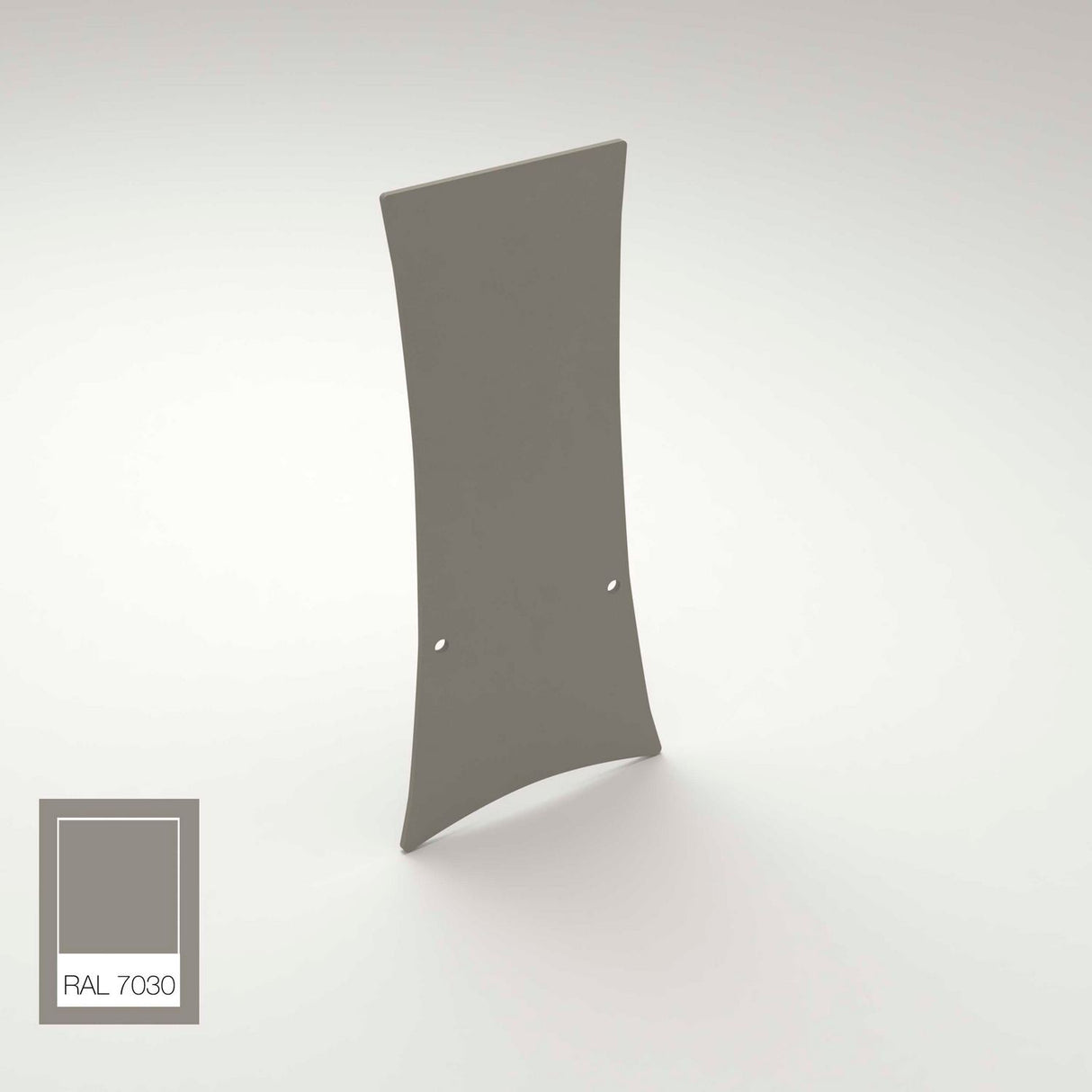 The End Cap for Lola Profile is a curved, rectangular aluminum panel with two small holes near the bottom, shown against a light background. Its color matches RAL 7030 gray, as indicated in the Lola Profile swatch at the lower left.