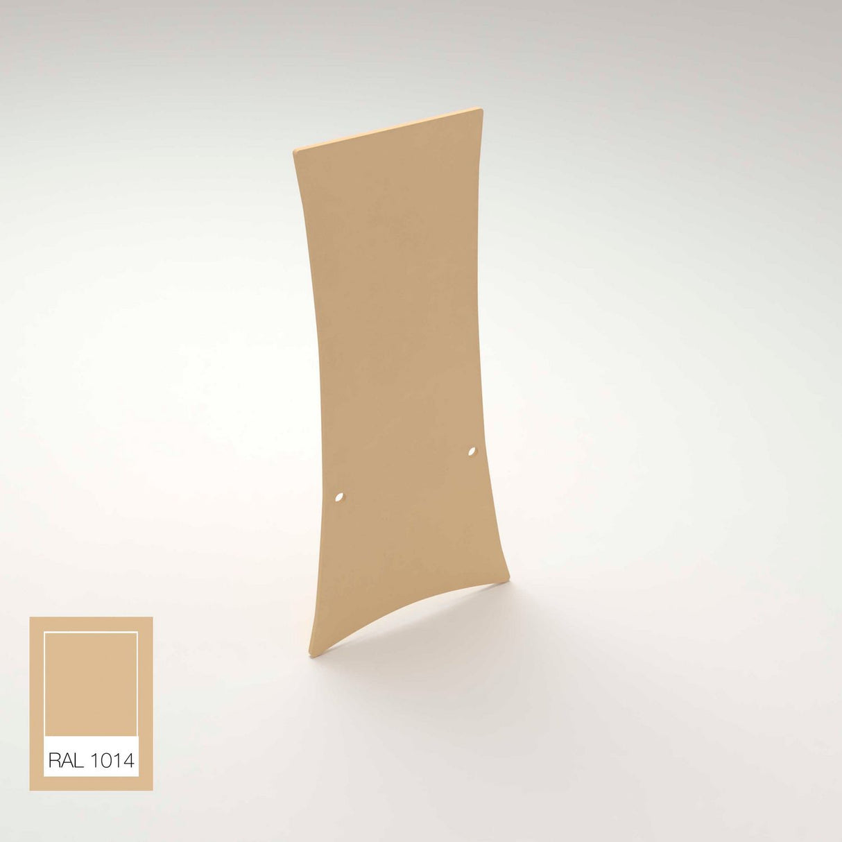 A beige End Cap for Lola Profile stands upright on a white surface. A color swatch labeled RAL 1014 in the lower left corner matches the end cap’s shade, highlighting the Lola Profile design.