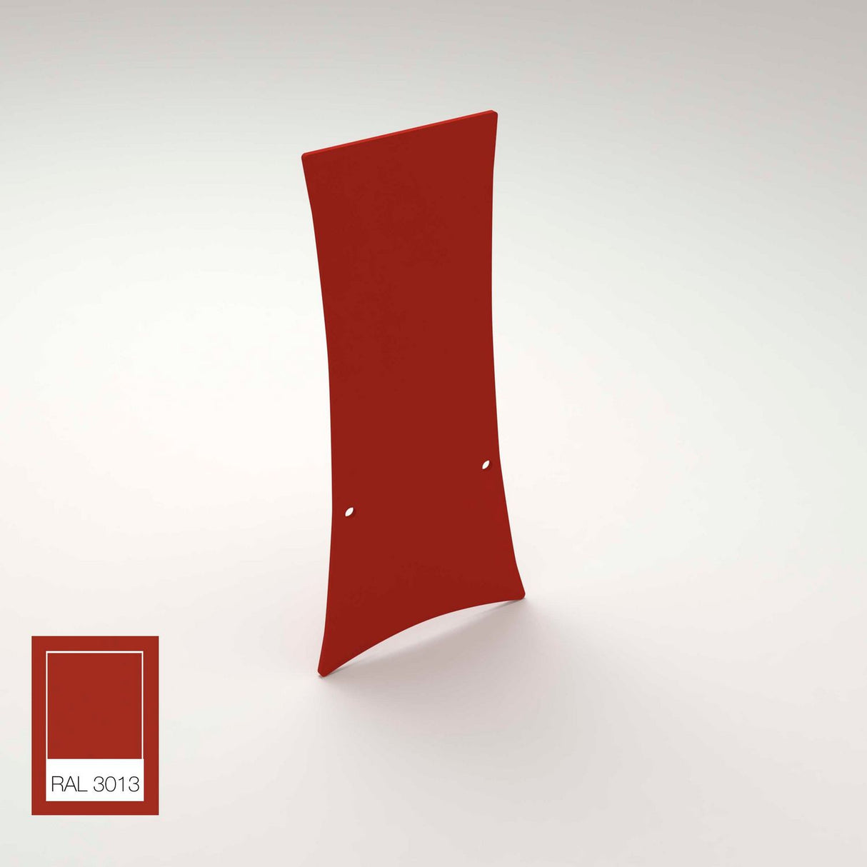 A curved, rectangular red aluminum End Cap for Lola Profile, featuring two small holes near its center, stands upright on a light surface. A color swatch labeled “RAL 3013” is shown in the lower left corner.