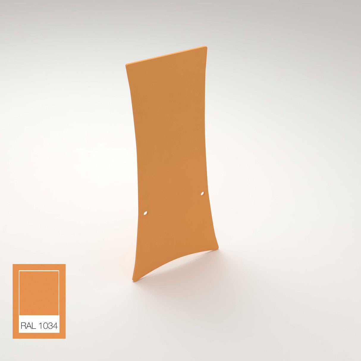A curved rectangular aluminum End Cap for Lola Profile stands upright in warm yellow-orange (RAL 1034), with a matching color swatch labeled RAL 1034 in the bottom left. The light, plain background highlights the product.