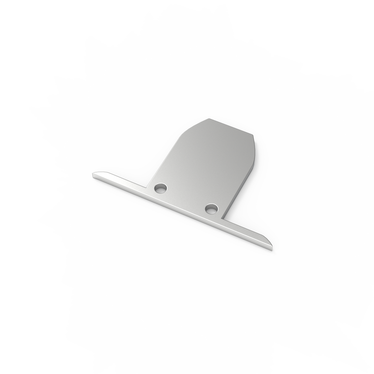 The End Cap for Ginebra Profile is made of silver anodised aluminium, featuring a rectangular base with two round holes and a perpendicular top edge. It is designed for the Ginebra Profile and shown on a plain white background.