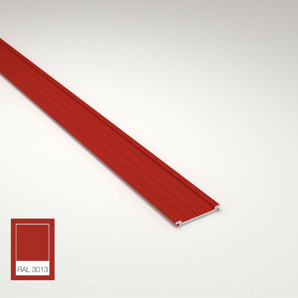 A long, narrow metal strip in matte brick-red is shown on a light background with the Complementary Profile for Antonio, Lola and Ricardo Profiles. A color swatch labeled RAL 3013 in the bottom left matches the strip’s color.