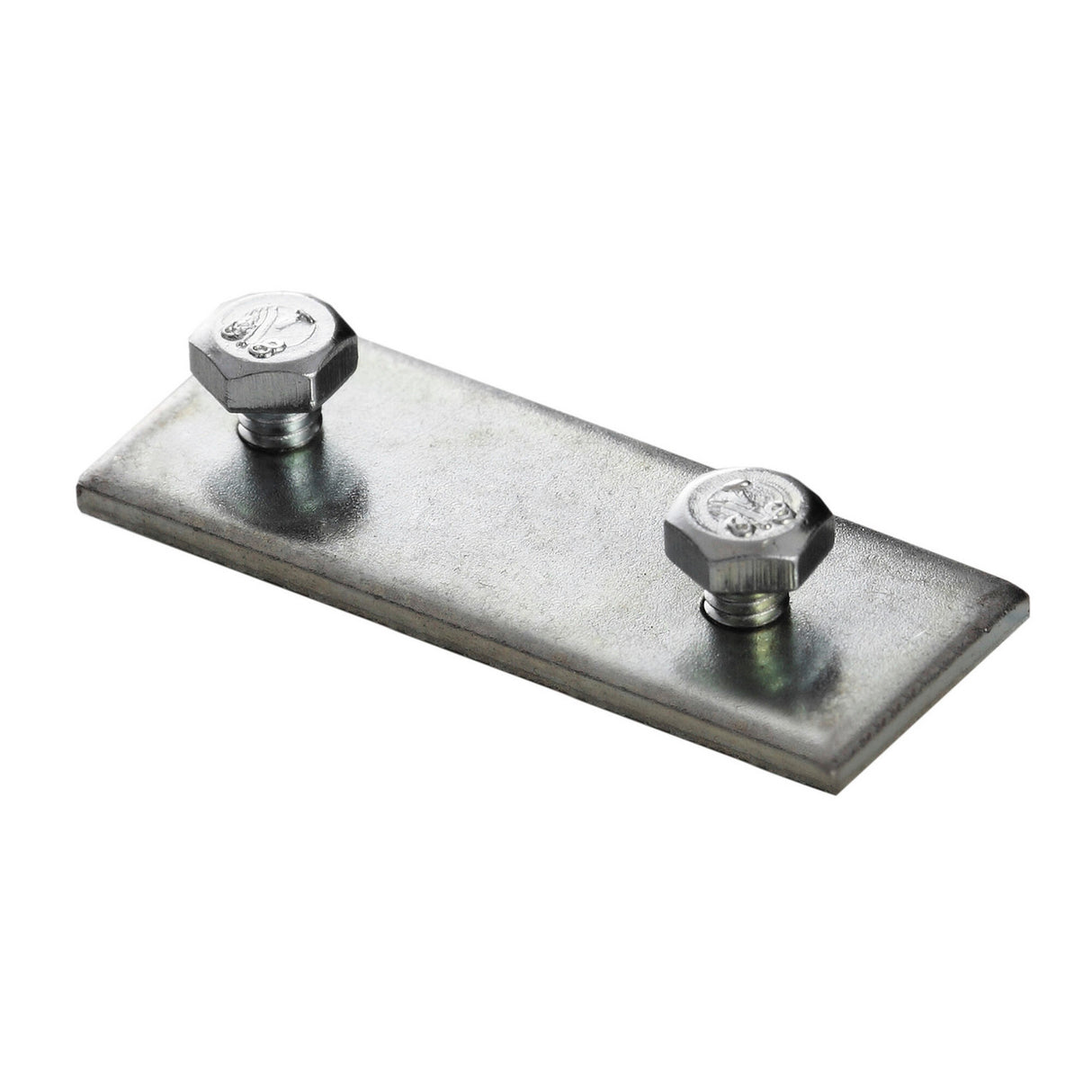 A Profile Joint for Bruselas Profile, featuring a rectangular steel plate with two hexagonal bolts and nuts at opposite corners, is displayed against a white background.