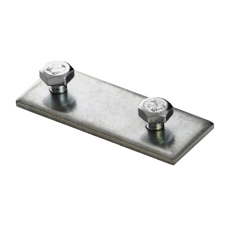 A Profile Joint for Bruselas Profile, featuring a rectangular steel plate with two hexagonal bolts and nuts at opposite corners, is displayed against a white background.