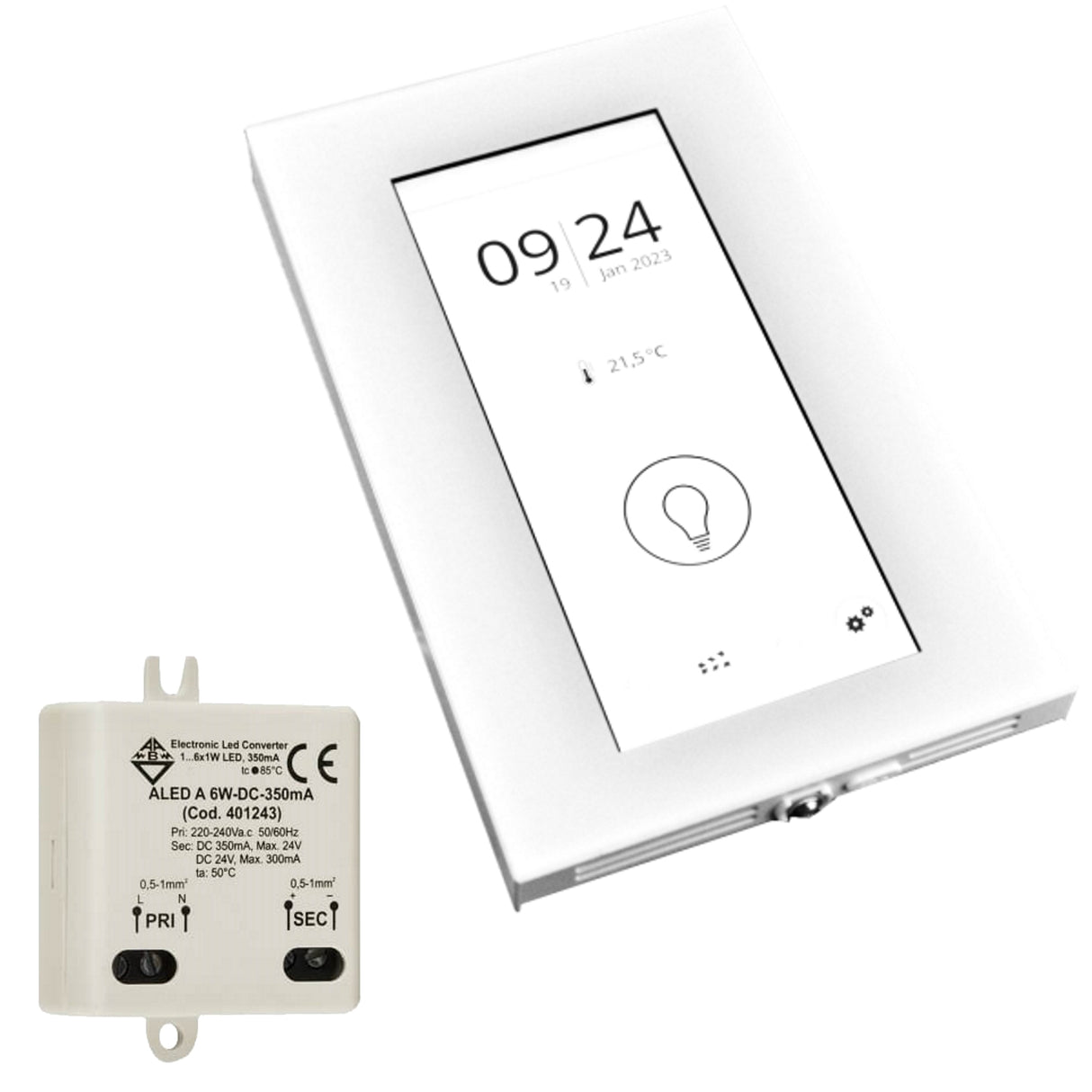 A white wall-mounted Casambi Touchpanel Switch (Model Arca Pro) shows time, date, temperature, and a lighting icon. Below it is a compact beige electronic load converter with clearly marked input and output terminals.
