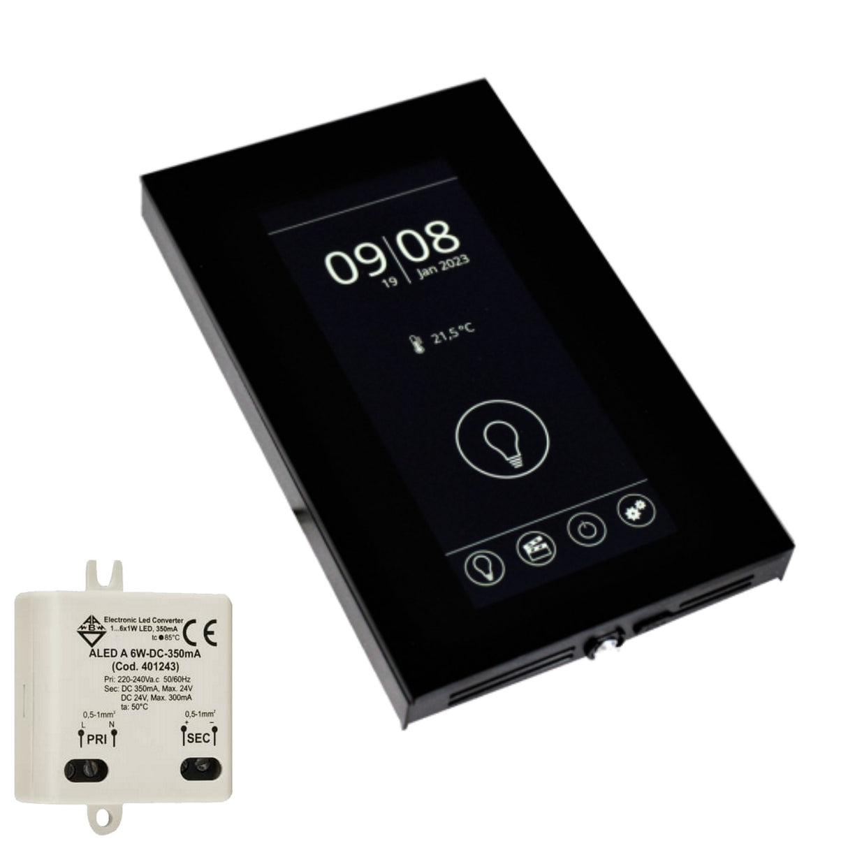 The Casambi Touchpanel Switch (Model Arca Pro), a black smart home panel, shows time, date, temperature, and light controls. Nearby is a compact white controller module with specs for wireless connectivity.
