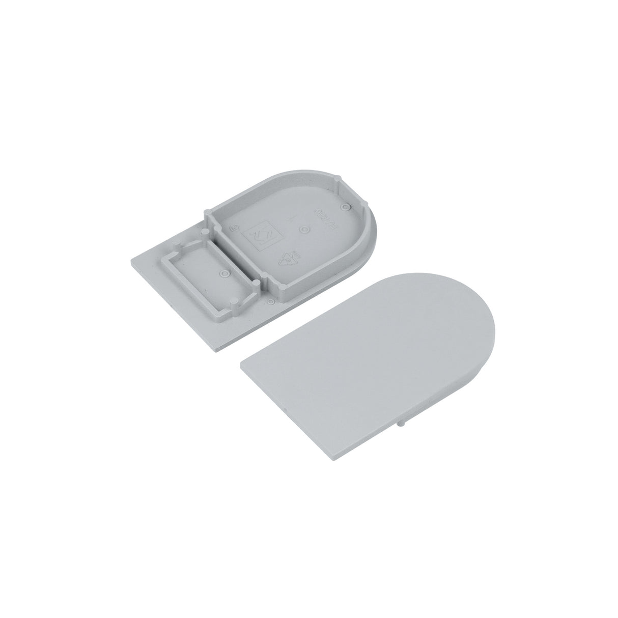 Two gray End Cap for Nami23 Profile pieces are shown side by side on a white background—one displays the top, and the other highlights its end caps, hinges, and connection details.