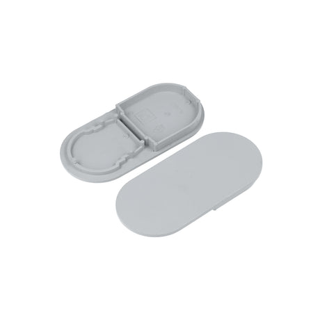 A pair of gray D9 End Caps for the Nami23 Profile—one oval with a raised border and notches, the other smooth and flat—displayed on a white background.