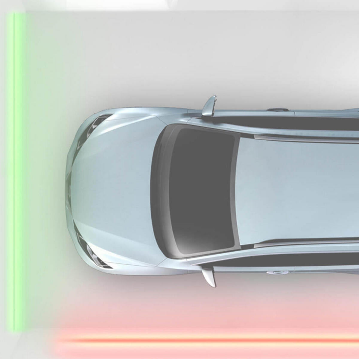 A top-down view of a silver car between green and red light strips shows the parkingSensor by Blebox—Garage Parking Assist and Occupancy Sensor—in action, guiding safe parking with visual distance indicators.