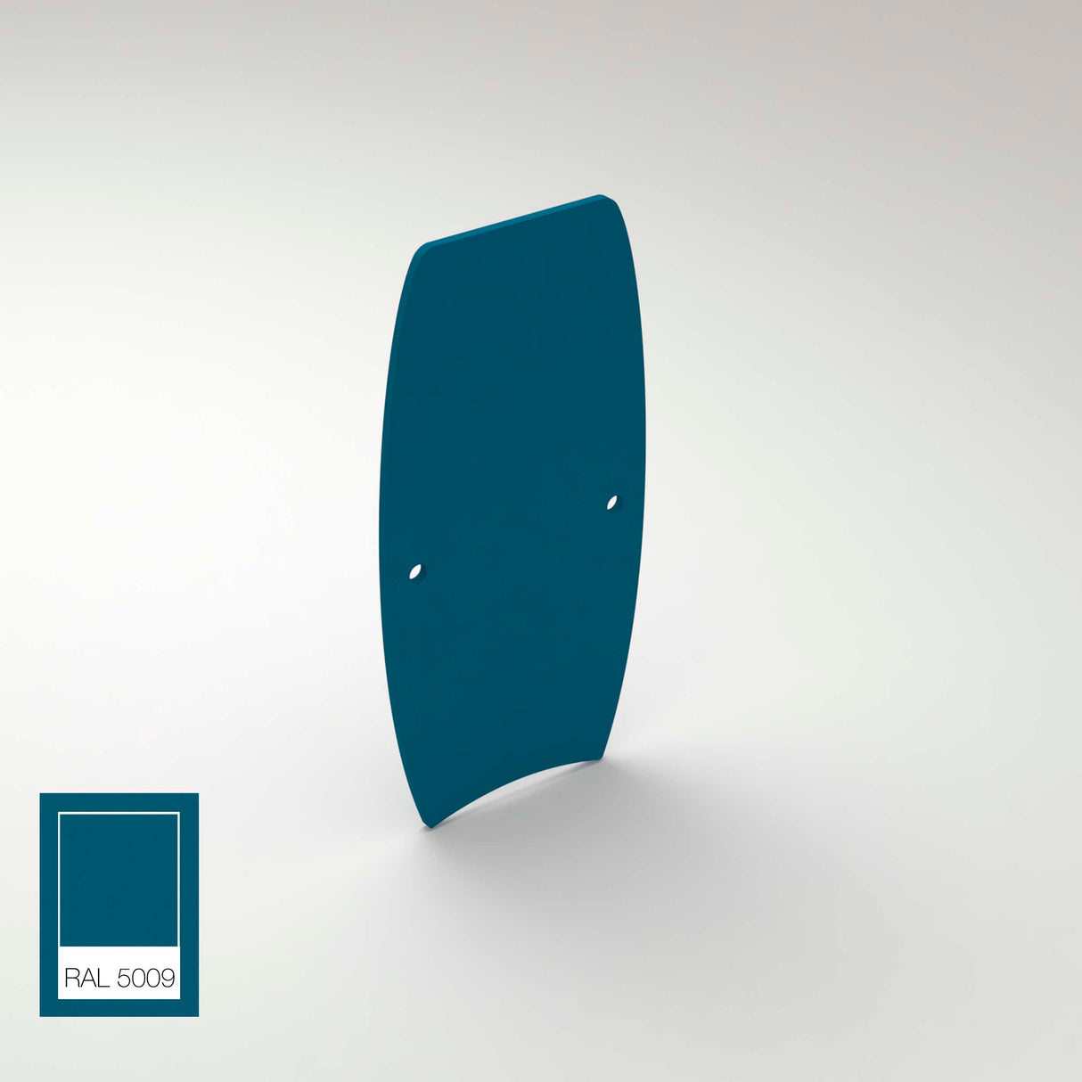 A curved, teal-blue aluminum End Cap for Ricardo Profile with two holes stands upright against a light background. A corner swatch displays color code RAL 5009, indicating its specific shade.