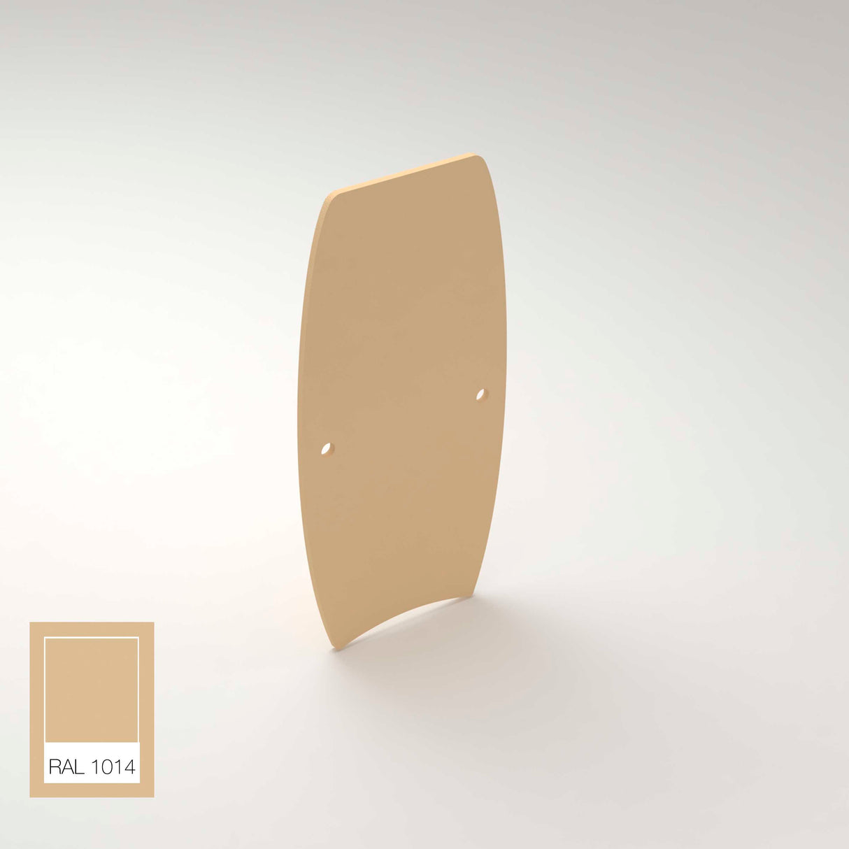 A rectangular beige End Cap for Ricardo Profile with two small holes stands upright on a white surface. A RAL 1014 color swatch in the corner shows the matching beige, ideal for lighting fixture or aluminum profiles.