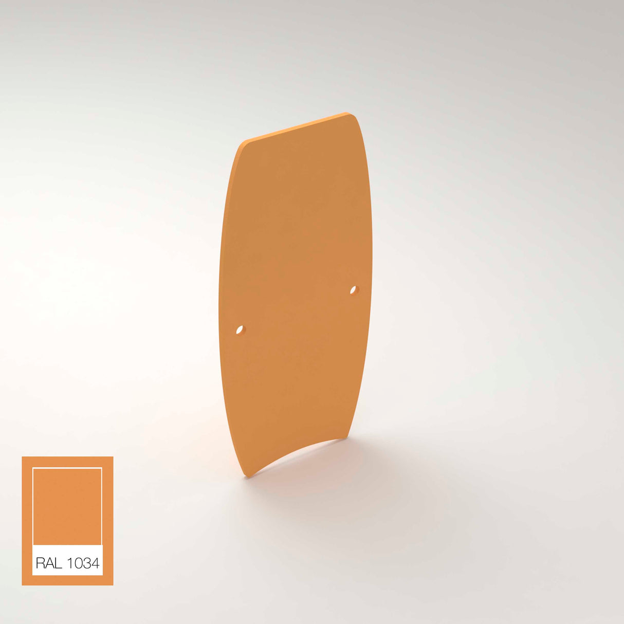 A flat, curved aluminum End Cap for Ricardo Profile in warm orange (RAL 1034) stands upright on a light surface. A small RAL 1034 swatch appears in the bottom left corner, matching the shade of the end cap.