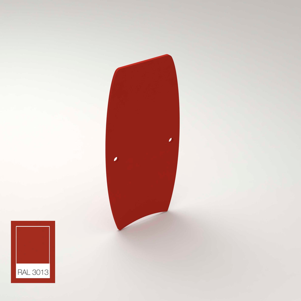 An upright, curved rectangular red aluminum End Cap for Ricardo Profile with two small holes rests on a white surface. A color swatch labeled RAL 3013 appears in the lower left corner.