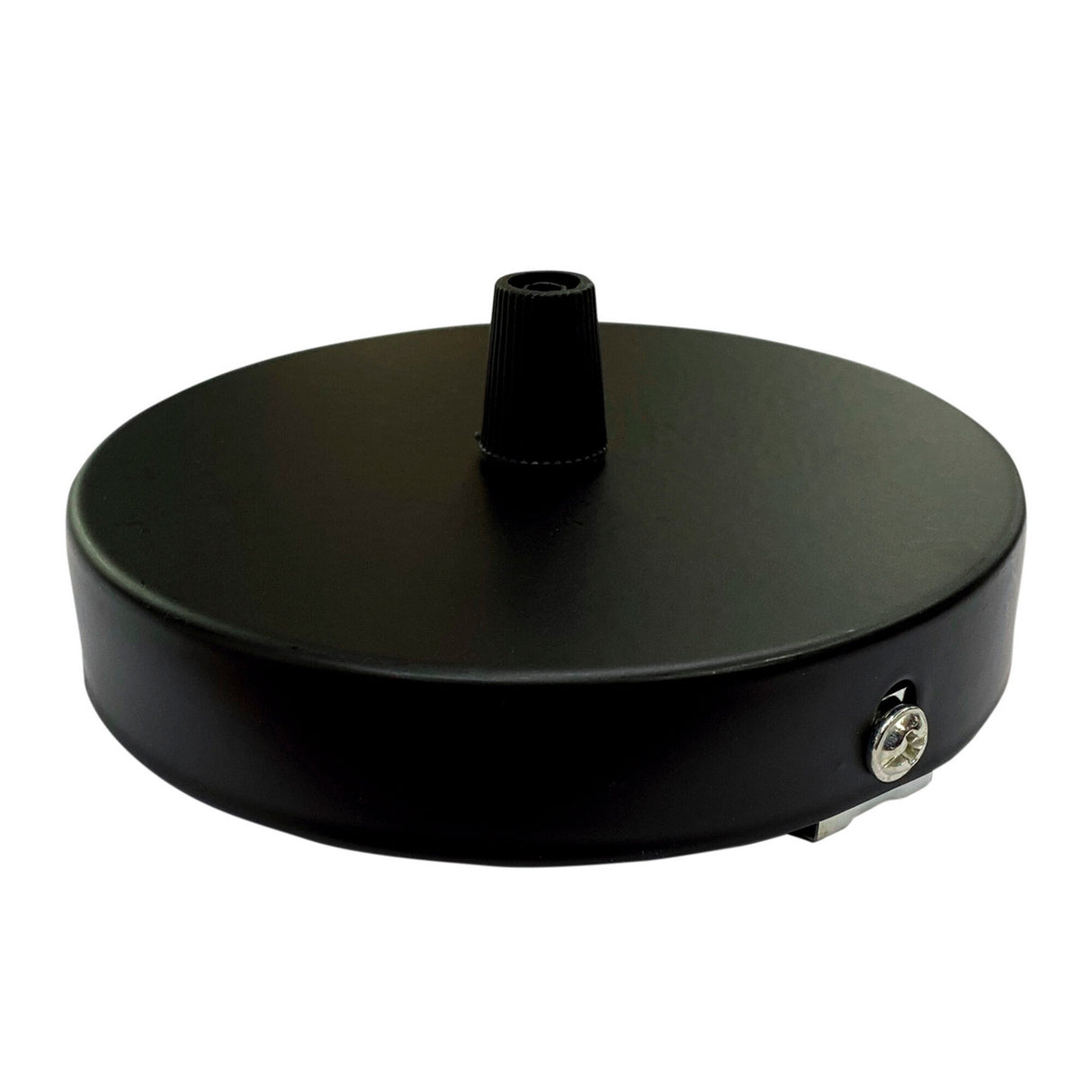 The Round Ceiling Canopy is a black metal, circular mount with a central threaded pipe and side screw, ideal for securing electrical light fixtures and pairing with LED profiles.