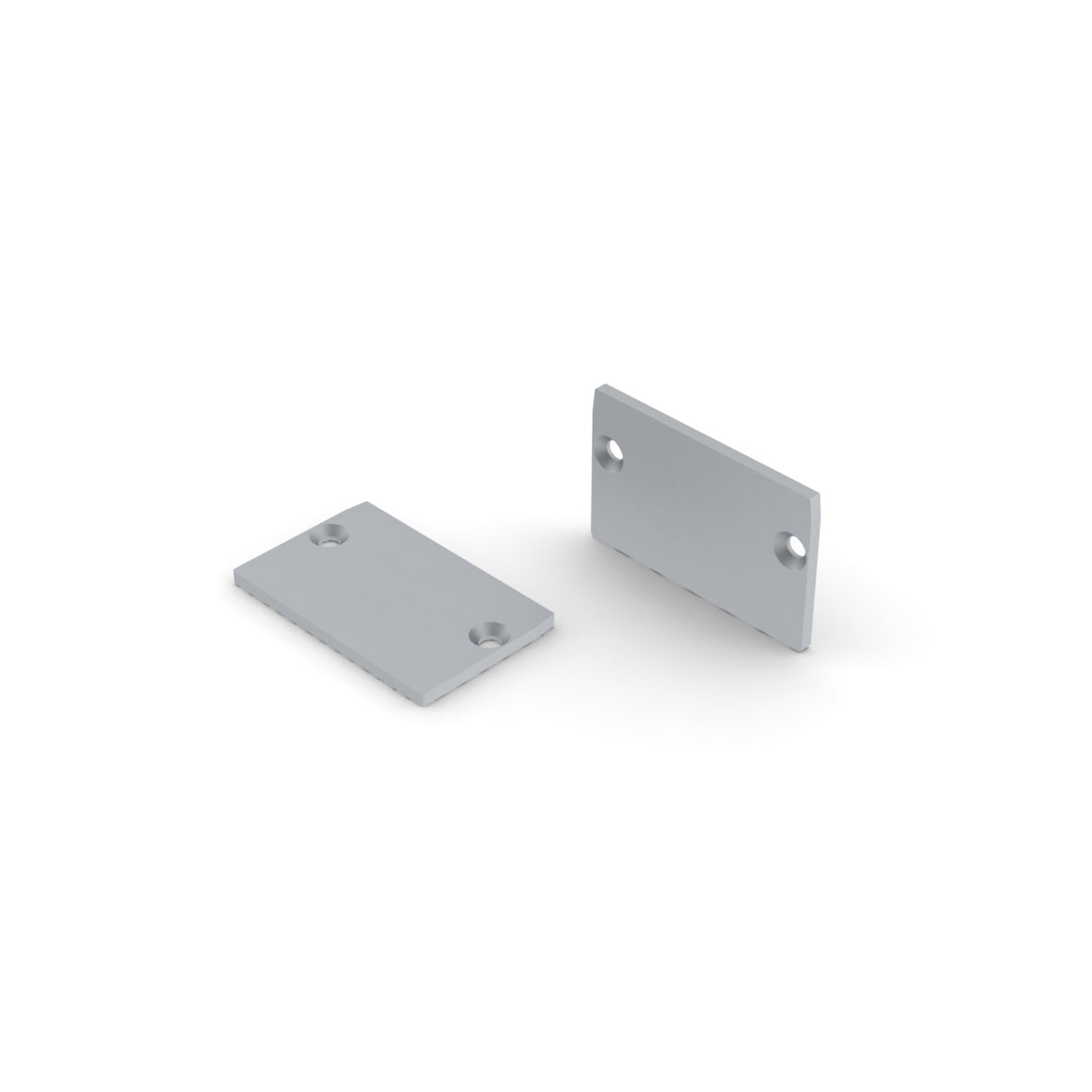 Two small, flat aluminum End Caps for RPL30 US Profile with rounded corners and two holes near opposite edges are shown—one flat, one upright—on a white background. Perfect for finishing your lighting fixture.