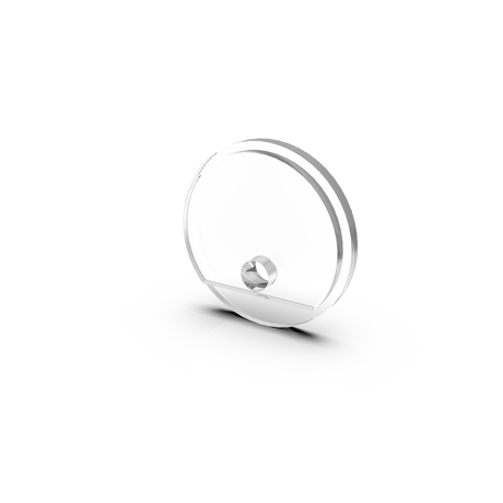 A transparent, circular acrylic Plastic End Cap for Smokies38 Profile features a small central peg and stands upright on a white surface, creating a subtle reflection below.