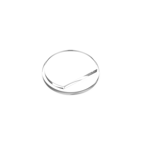A minimalistic, silver-edged round Plastic End Cap for Smokies38 Profile rests on a white background, featuring a thin diagonal line across its surface and resembling a modern dial without numbers or markings.